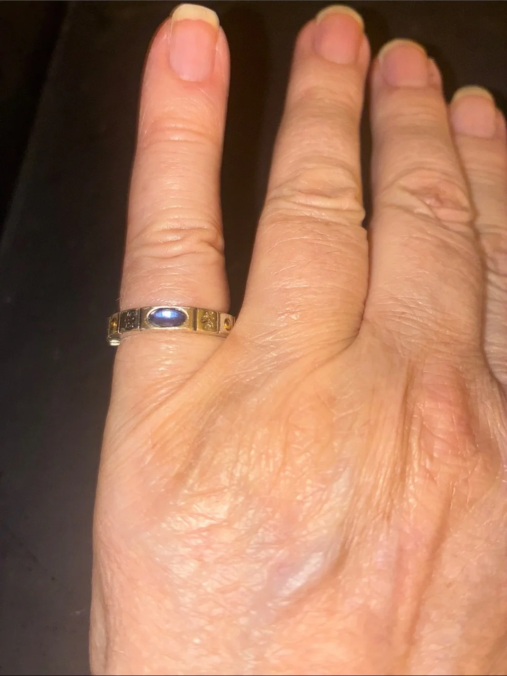 Gold-Tone Stretch Ring with Blue Cabochon Oval Stone